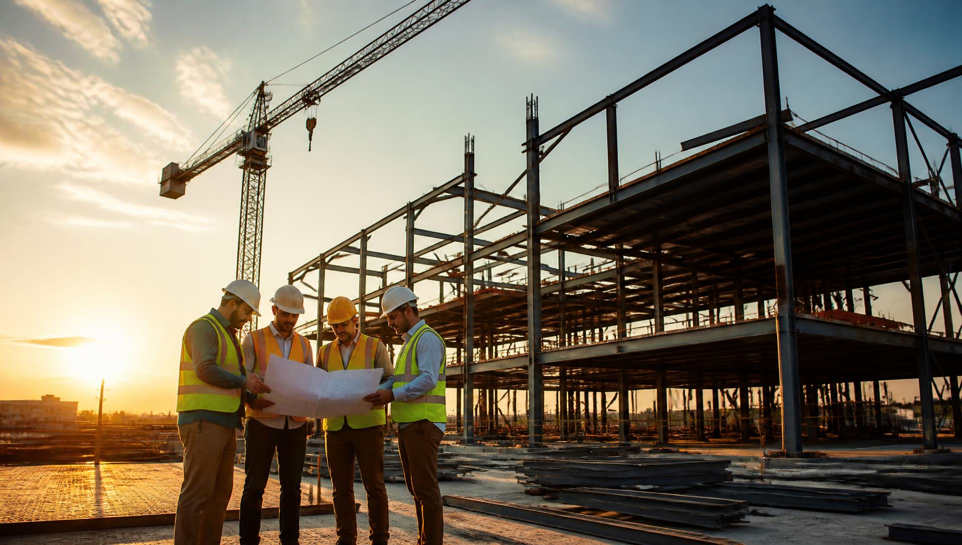Construction team reviewing plans in front of a steel-frame building at sunset